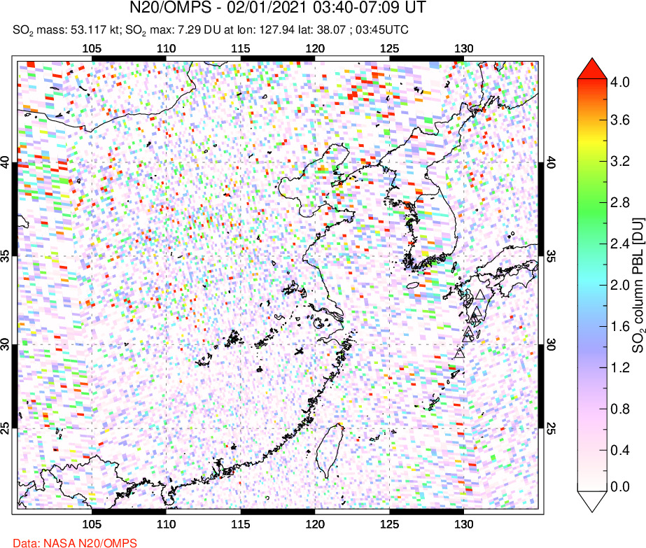 A sulfur dioxide image over Eastern China on Feb 01, 2021.