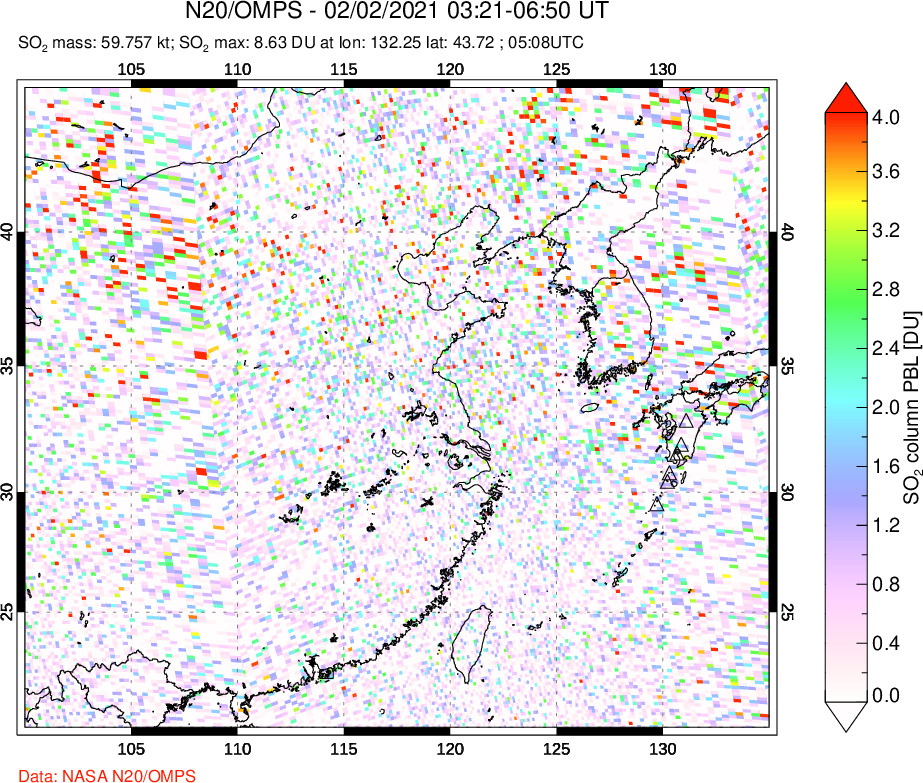A sulfur dioxide image over Eastern China on Feb 02, 2021.