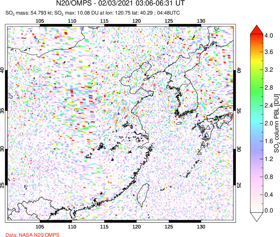 A sulfur dioxide image over Eastern China on Feb 03, 2021.