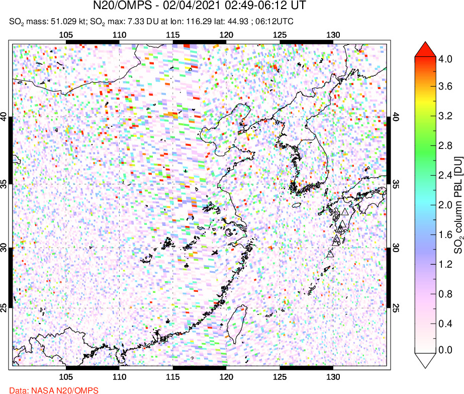 A sulfur dioxide image over Eastern China on Feb 04, 2021.