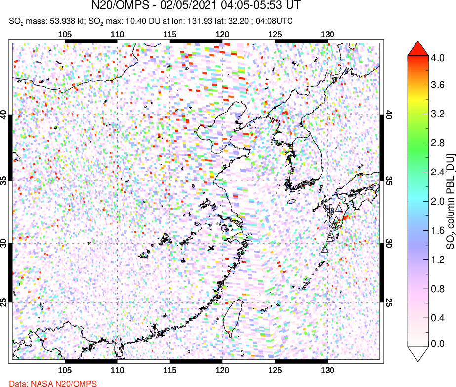 A sulfur dioxide image over Eastern China on Feb 05, 2021.