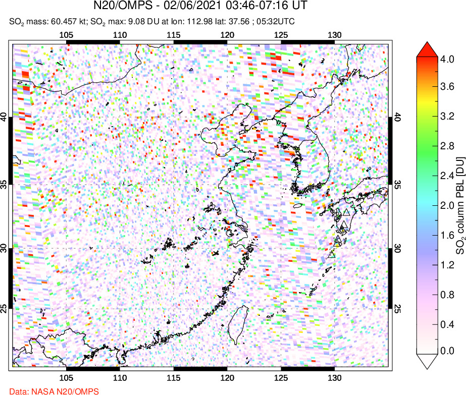 A sulfur dioxide image over Eastern China on Feb 06, 2021.