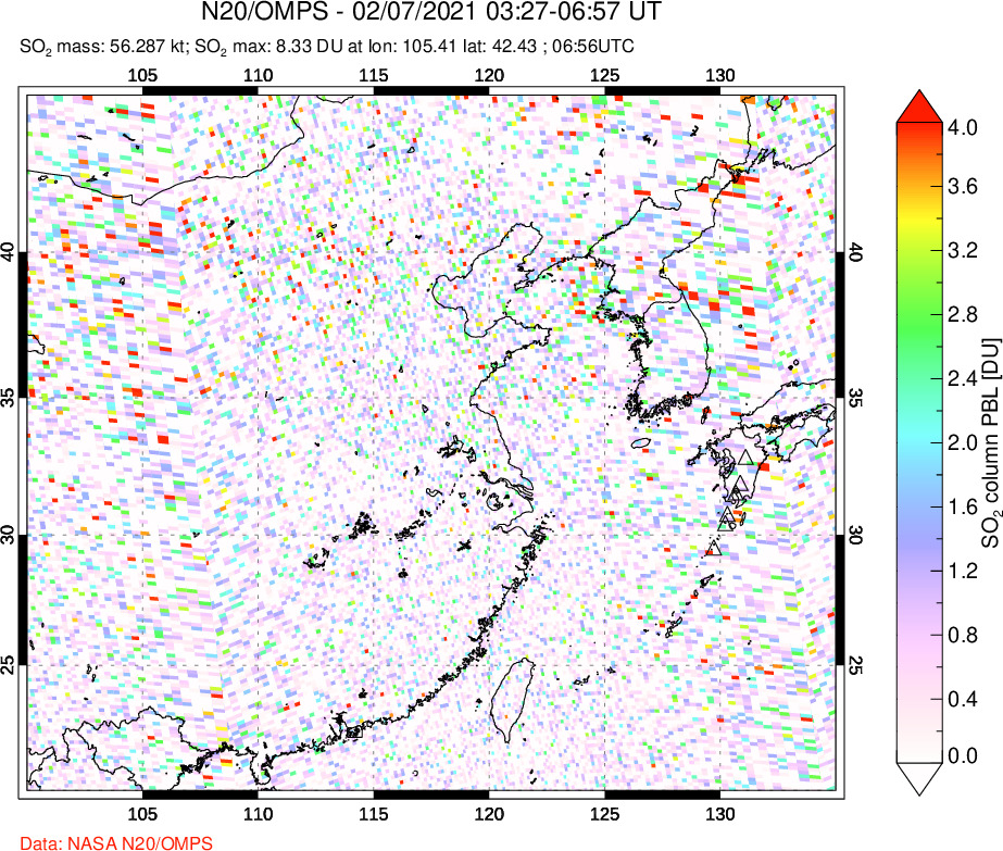 A sulfur dioxide image over Eastern China on Feb 07, 2021.