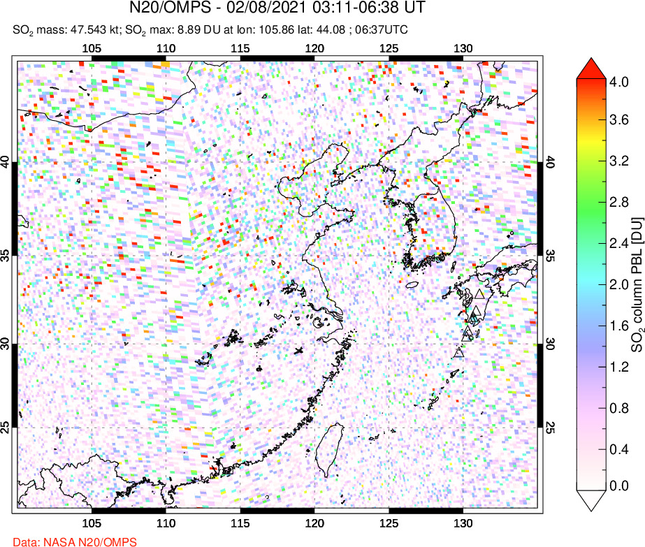 A sulfur dioxide image over Eastern China on Feb 08, 2021.
