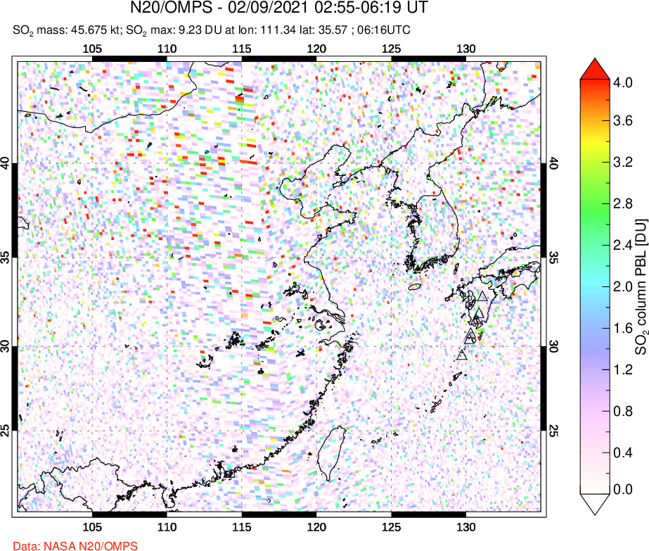 A sulfur dioxide image over Eastern China on Feb 09, 2021.