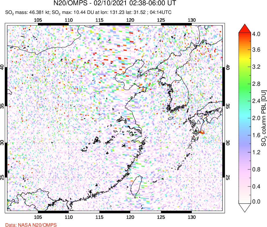 A sulfur dioxide image over Eastern China on Feb 10, 2021.