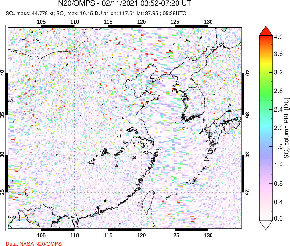 A sulfur dioxide image over Eastern China on Feb 11, 2021.
