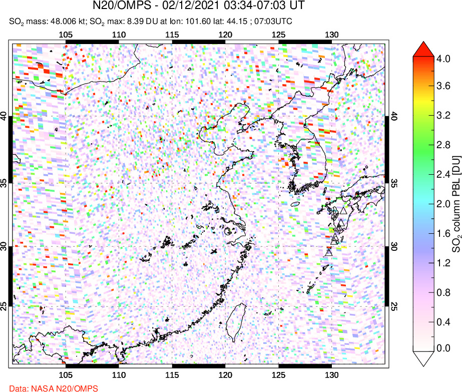 A sulfur dioxide image over Eastern China on Feb 12, 2021.
