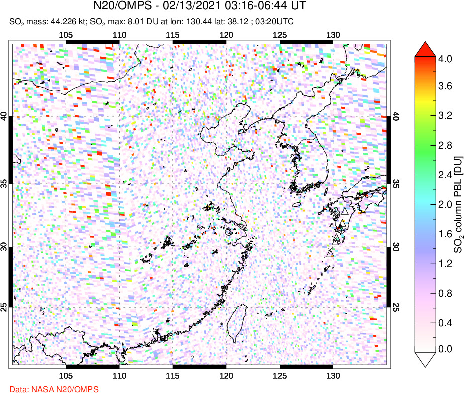 A sulfur dioxide image over Eastern China on Feb 13, 2021.