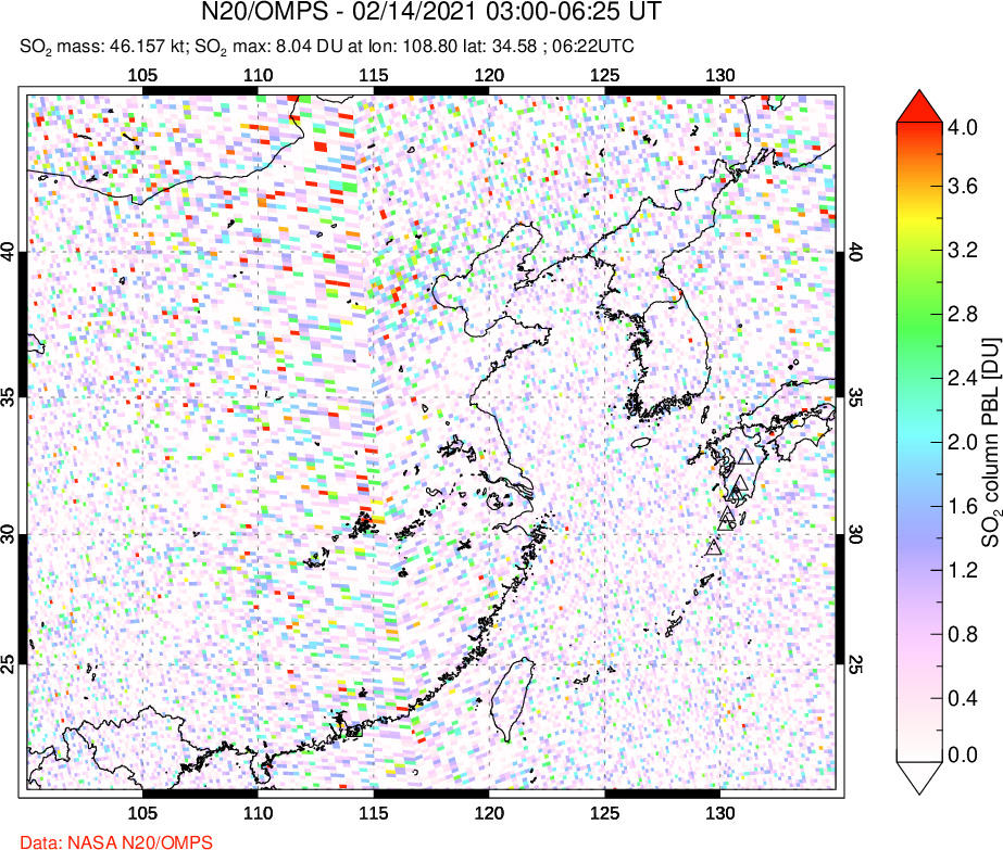 A sulfur dioxide image over Eastern China on Feb 14, 2021.