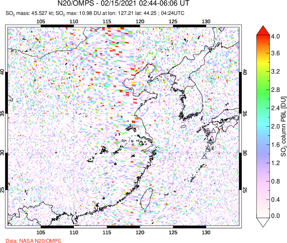 A sulfur dioxide image over Eastern China on Feb 15, 2021.