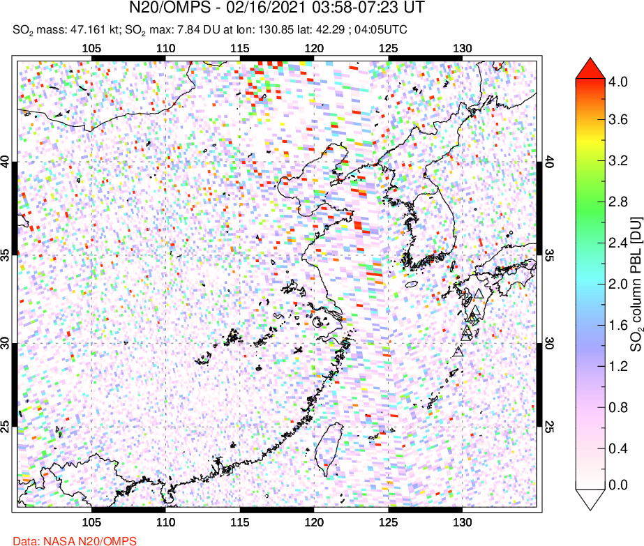A sulfur dioxide image over Eastern China on Feb 16, 2021.