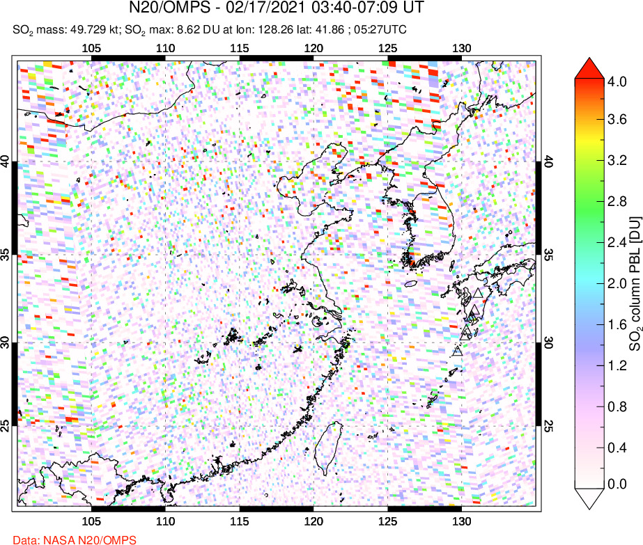 A sulfur dioxide image over Eastern China on Feb 17, 2021.
