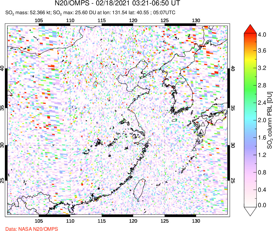 A sulfur dioxide image over Eastern China on Feb 18, 2021.
