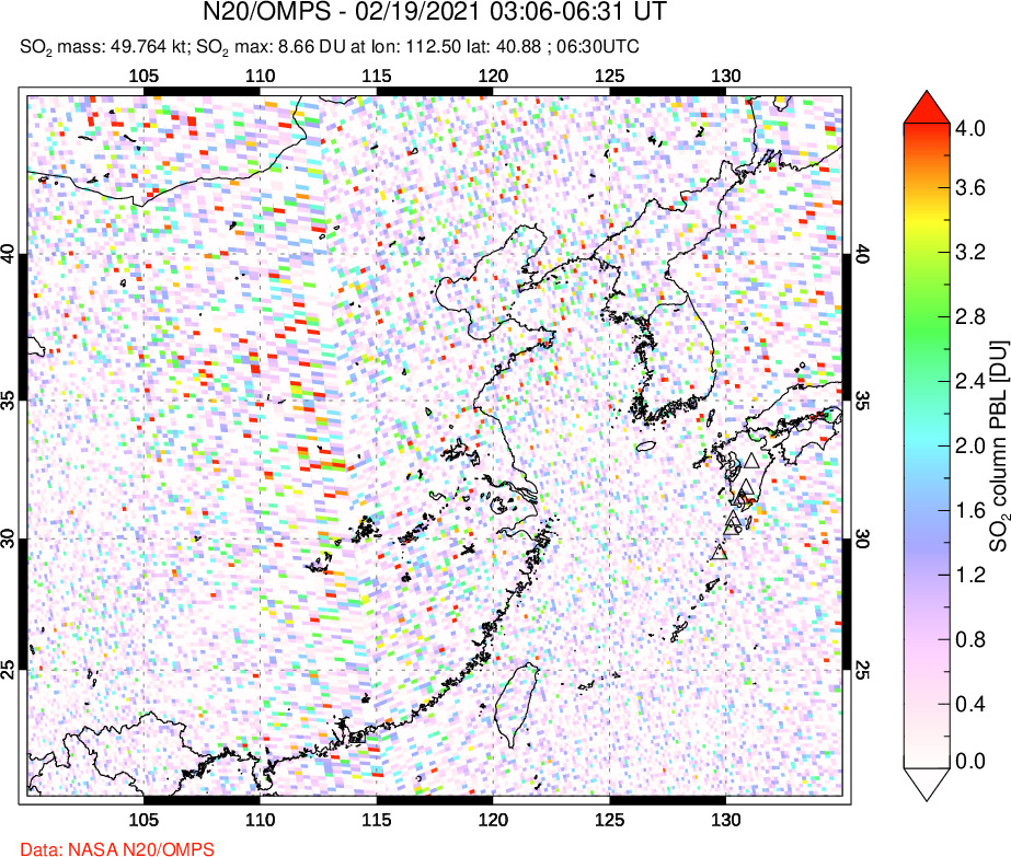 A sulfur dioxide image over Eastern China on Feb 19, 2021.