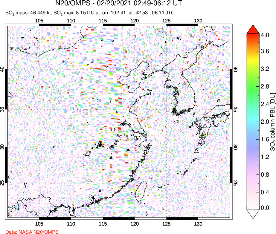 A sulfur dioxide image over Eastern China on Feb 20, 2021.