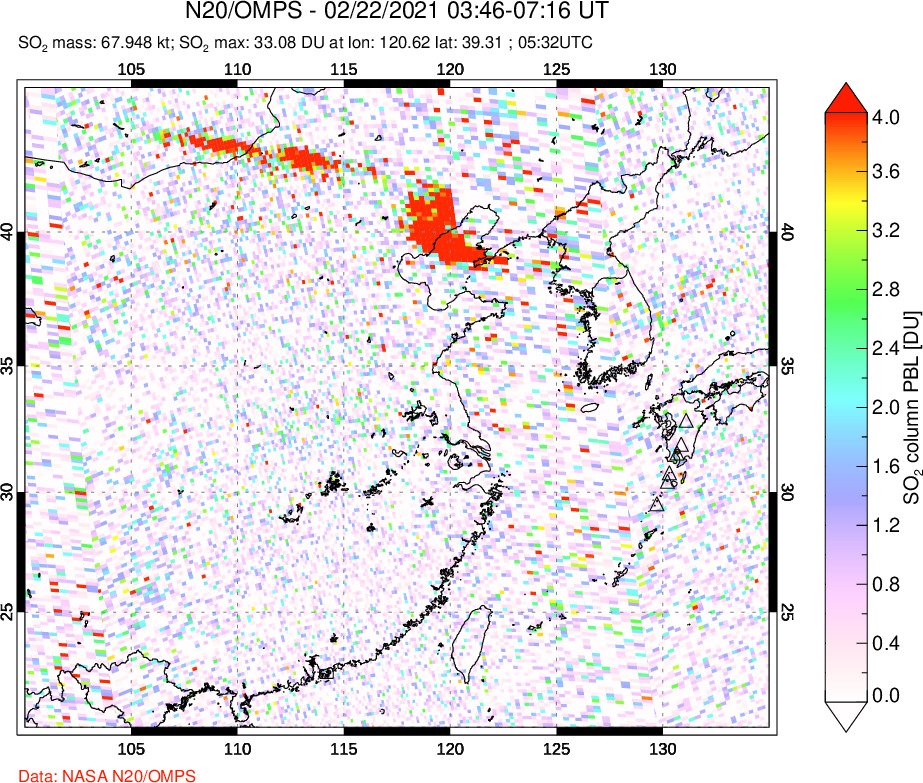 A sulfur dioxide image over Eastern China on Feb 22, 2021.