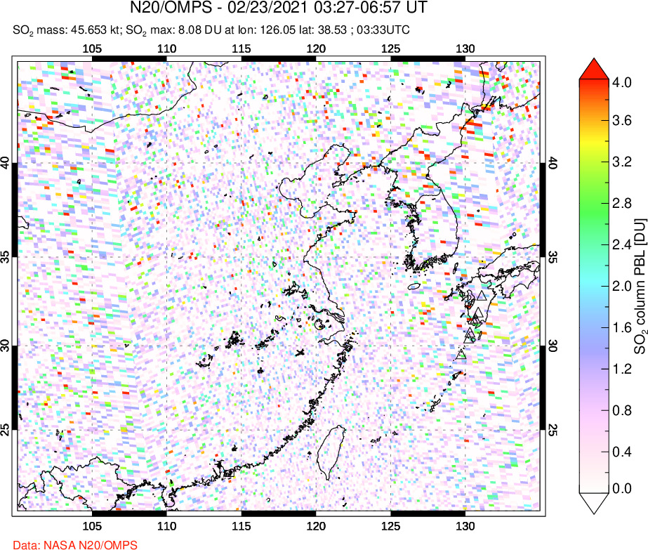 A sulfur dioxide image over Eastern China on Feb 23, 2021.
