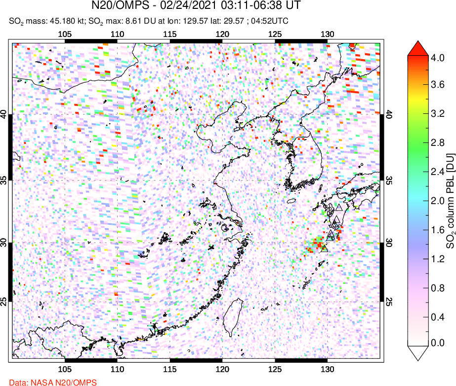 A sulfur dioxide image over Eastern China on Feb 24, 2021.