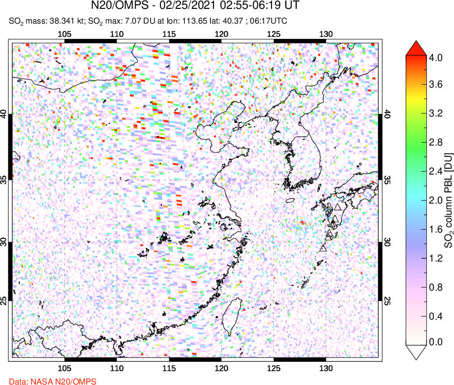 A sulfur dioxide image over Eastern China on Feb 25, 2021.