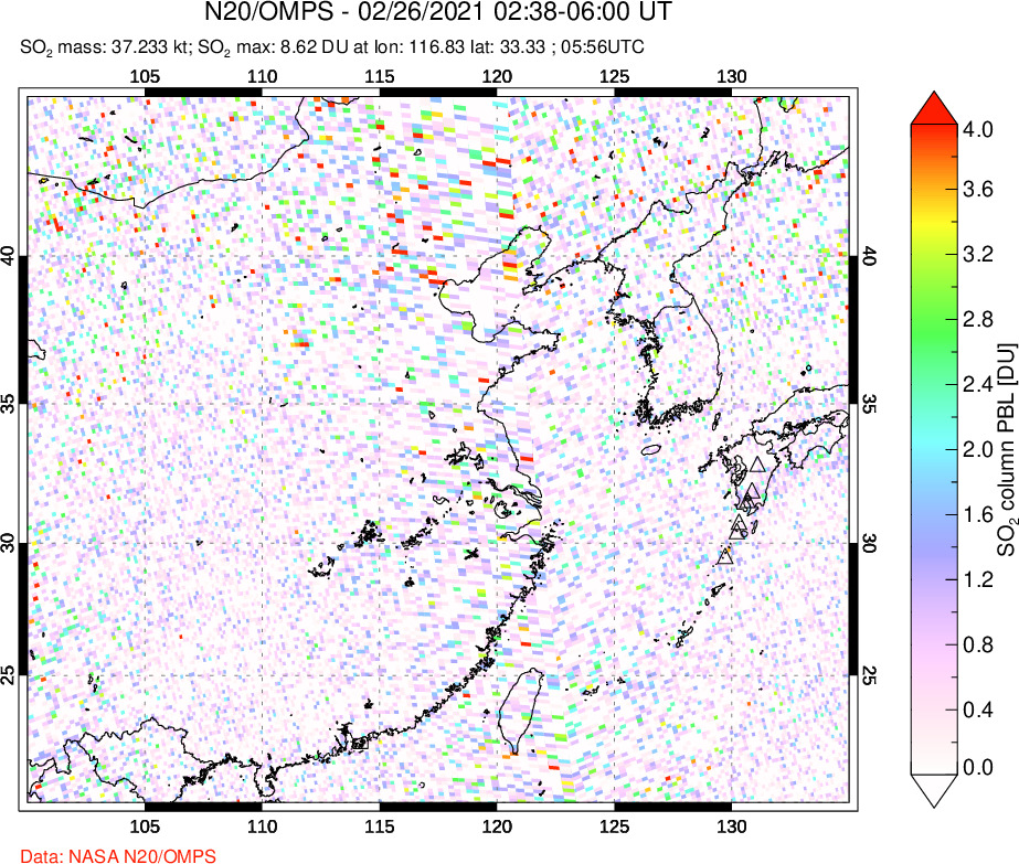 A sulfur dioxide image over Eastern China on Feb 26, 2021.