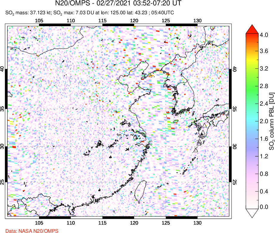 A sulfur dioxide image over Eastern China on Feb 27, 2021.