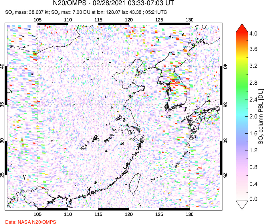 A sulfur dioxide image over Eastern China on Feb 28, 2021.