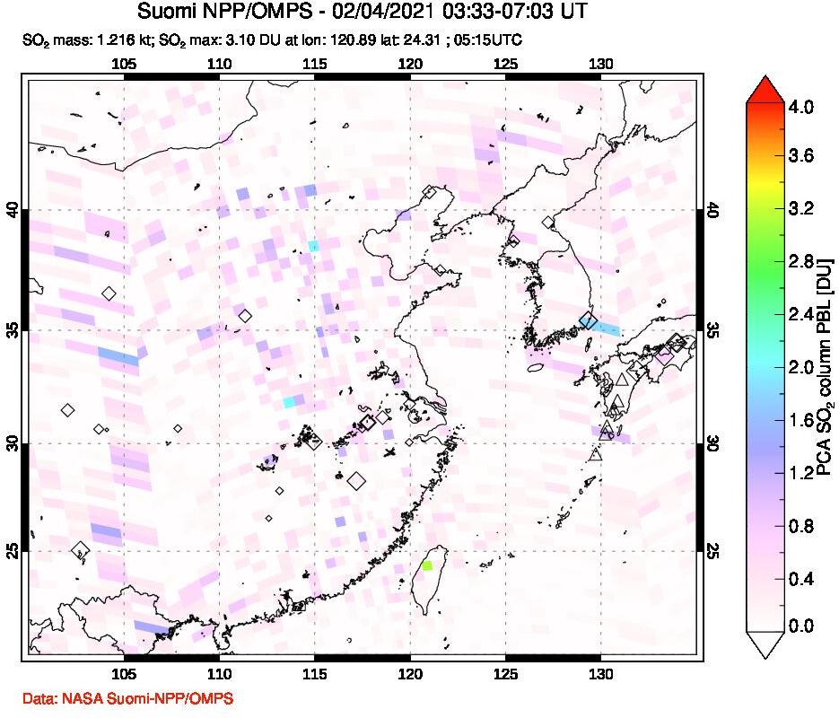 A sulfur dioxide image over Eastern China on Feb 04, 2021.