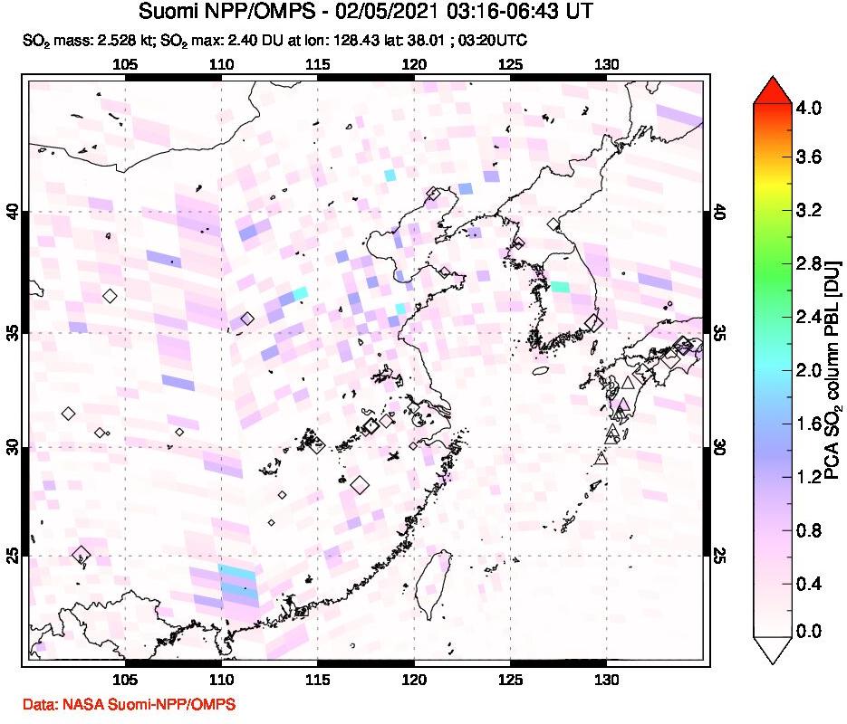 A sulfur dioxide image over Eastern China on Feb 05, 2021.
