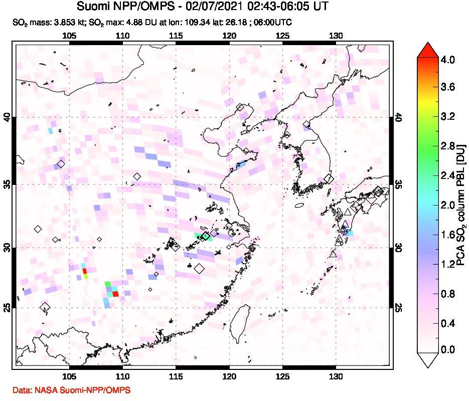 A sulfur dioxide image over Eastern China on Feb 07, 2021.