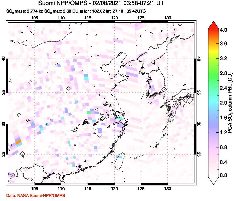 A sulfur dioxide image over Eastern China on Feb 08, 2021.
