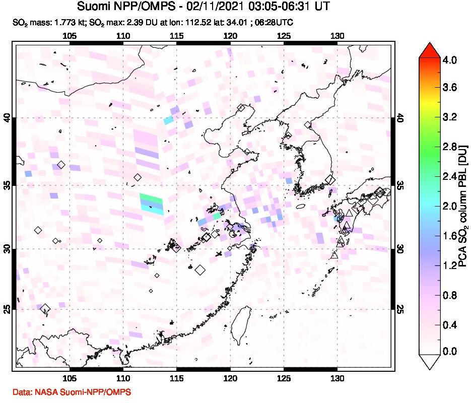 A sulfur dioxide image over Eastern China on Feb 11, 2021.