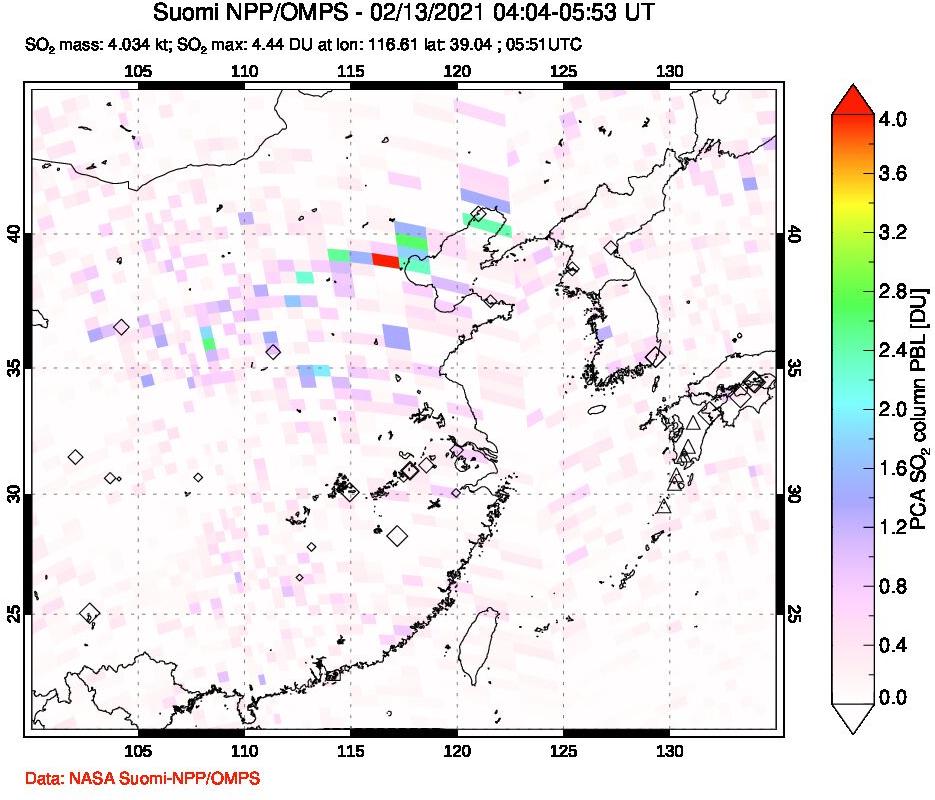 A sulfur dioxide image over Eastern China on Feb 13, 2021.