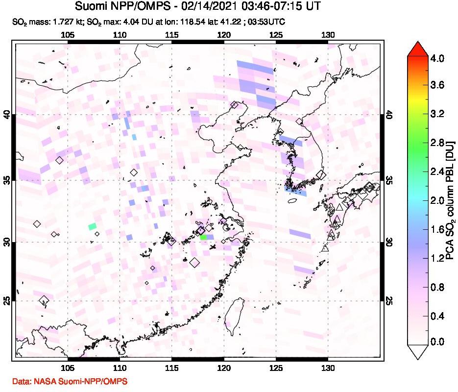 A sulfur dioxide image over Eastern China on Feb 14, 2021.