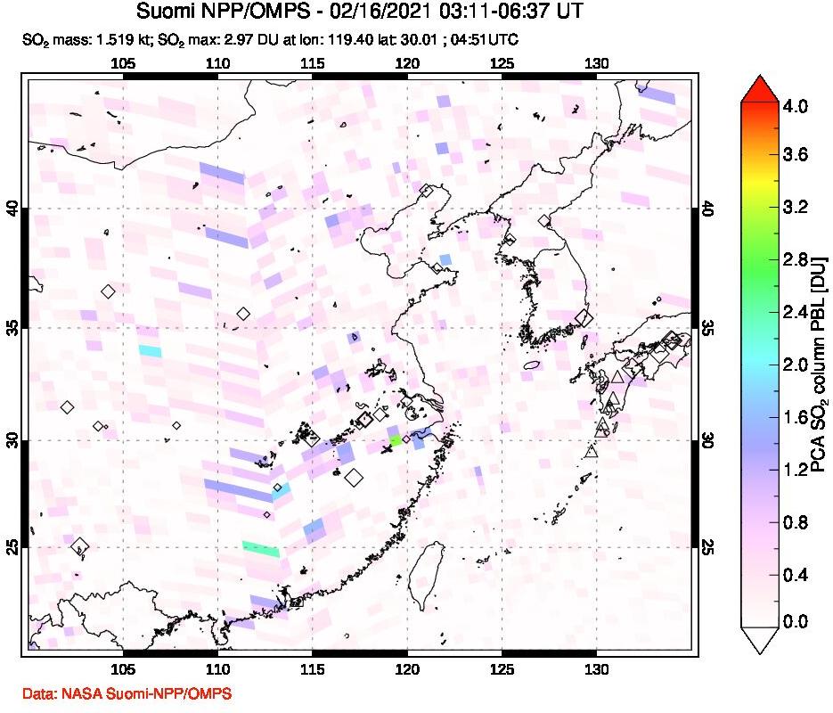 A sulfur dioxide image over Eastern China on Feb 16, 2021.