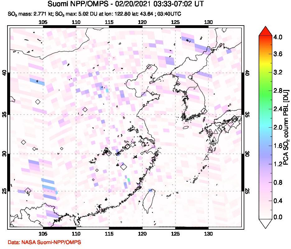 A sulfur dioxide image over Eastern China on Feb 20, 2021.