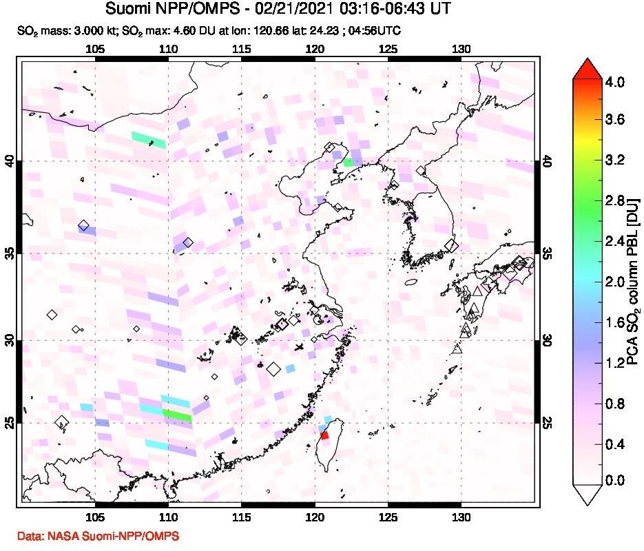 A sulfur dioxide image over Eastern China on Feb 21, 2021.