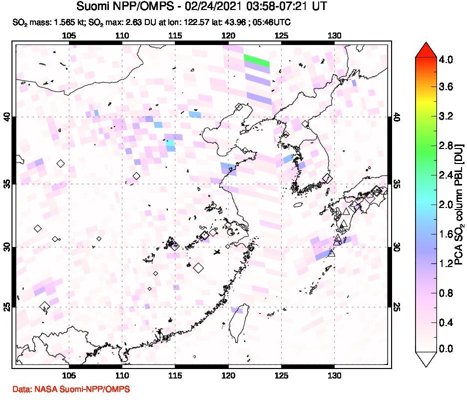 A sulfur dioxide image over Eastern China on Feb 24, 2021.
