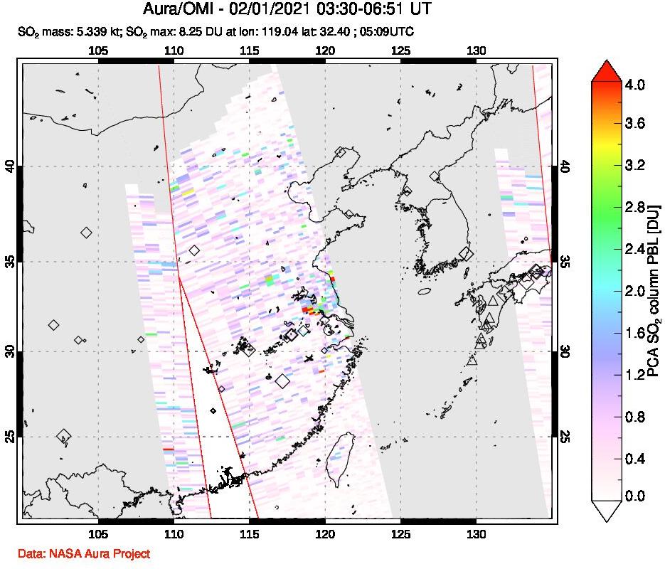 A sulfur dioxide image over Eastern China on Feb 01, 2021.
