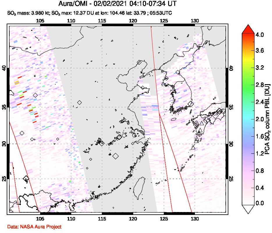 A sulfur dioxide image over Eastern China on Feb 02, 2021.