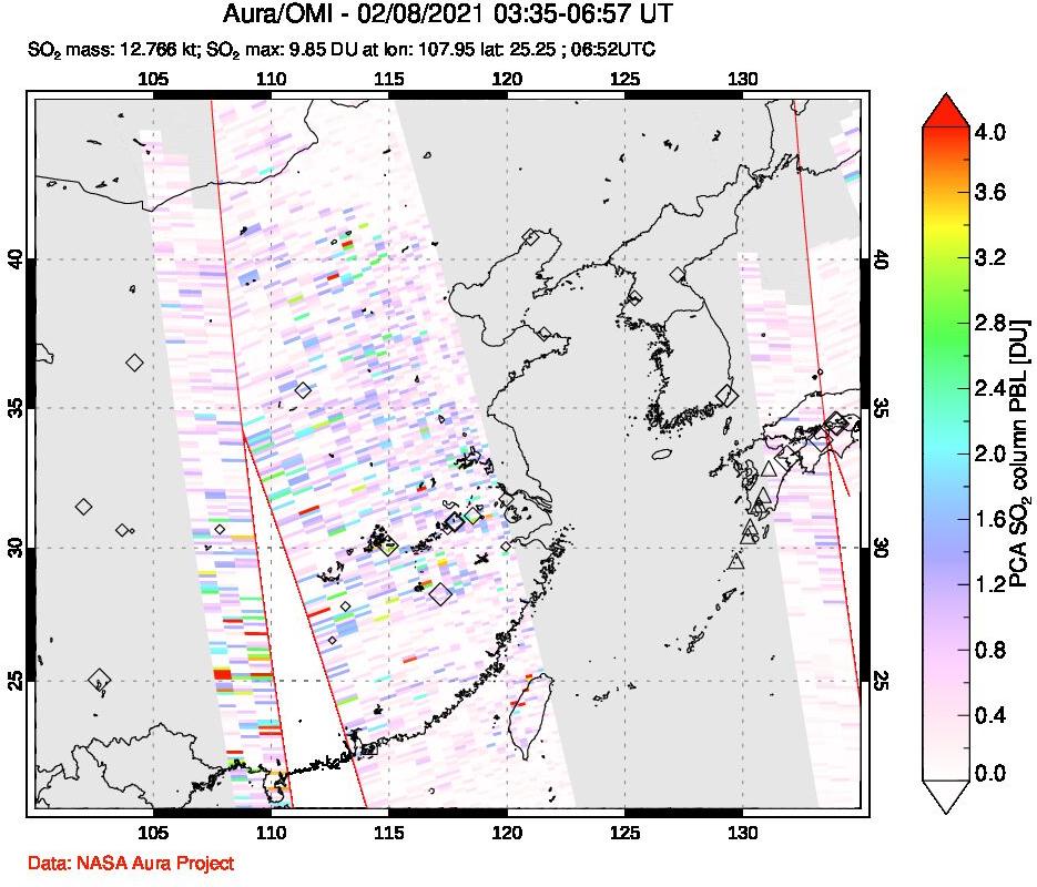 A sulfur dioxide image over Eastern China on Feb 08, 2021.
