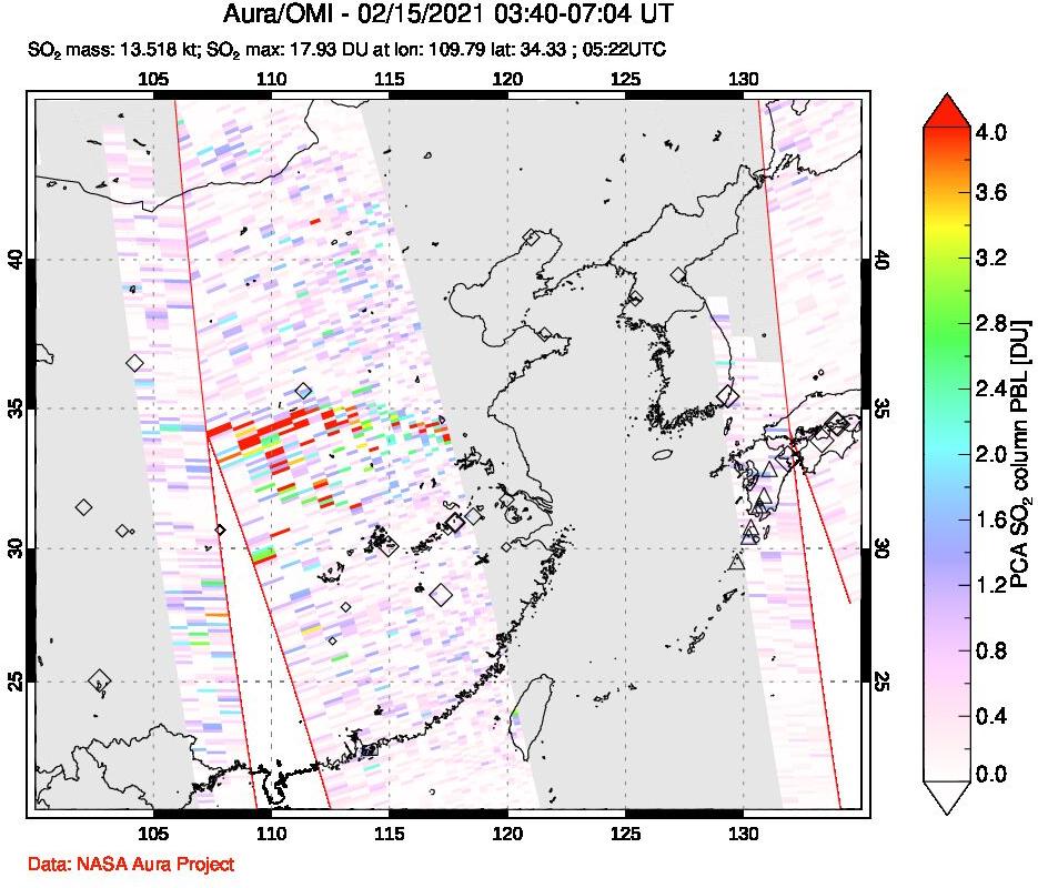 A sulfur dioxide image over Eastern China on Feb 15, 2021.