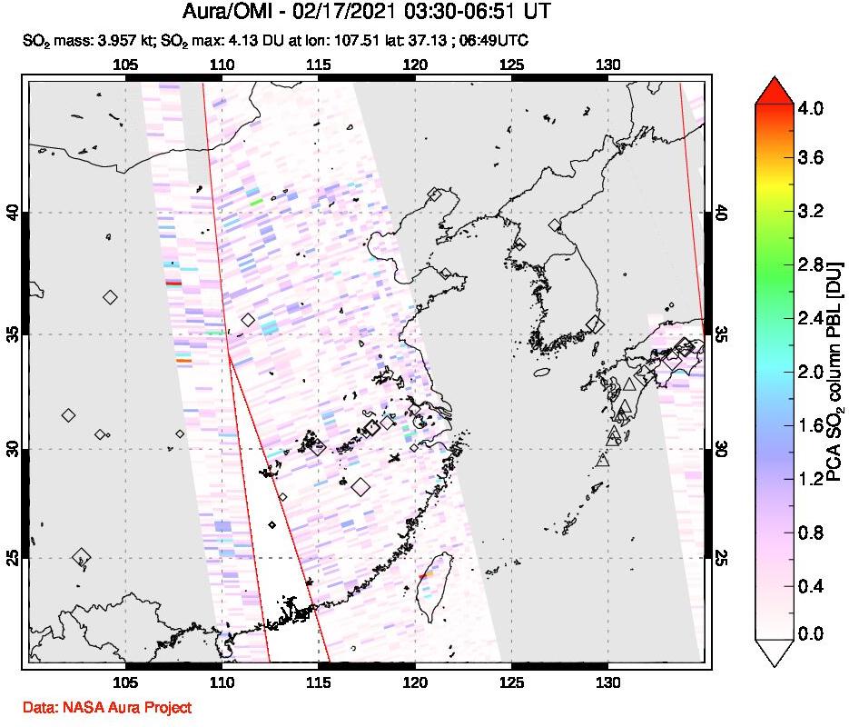 A sulfur dioxide image over Eastern China on Feb 17, 2021.