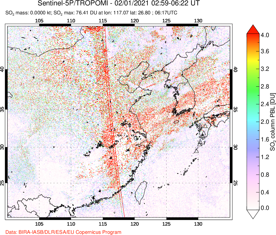A sulfur dioxide image over Eastern China on Feb 01, 2021.
