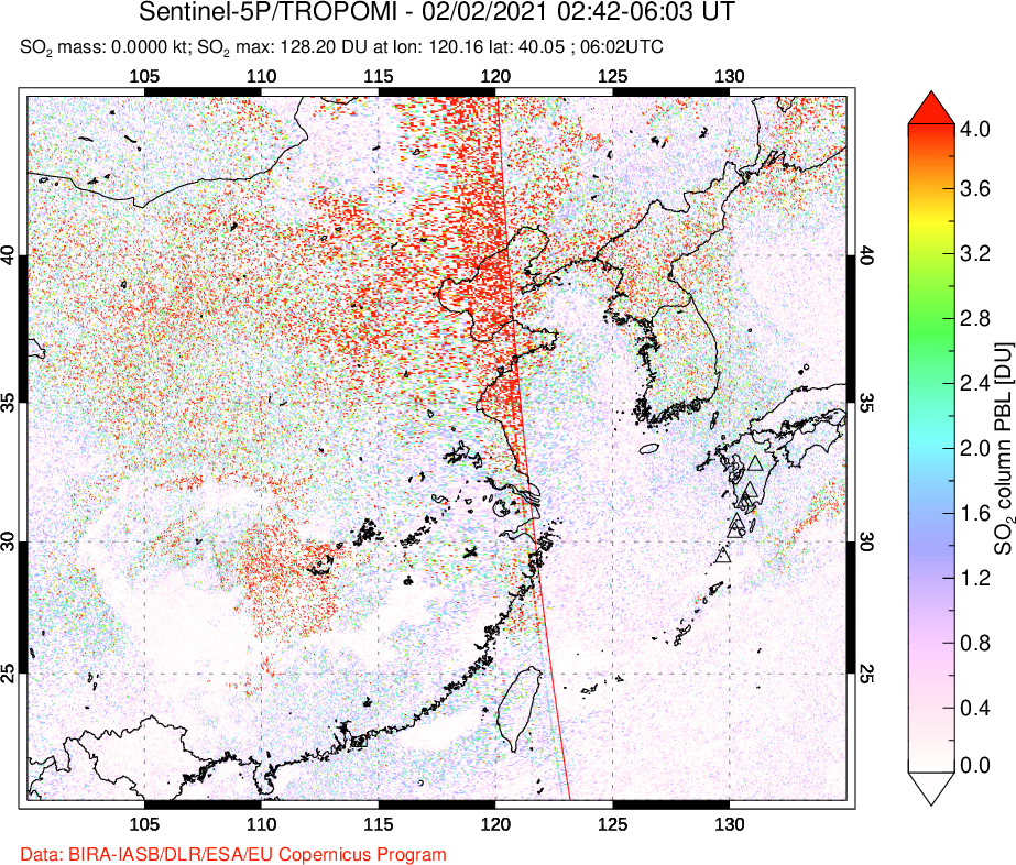 A sulfur dioxide image over Eastern China on Feb 02, 2021.