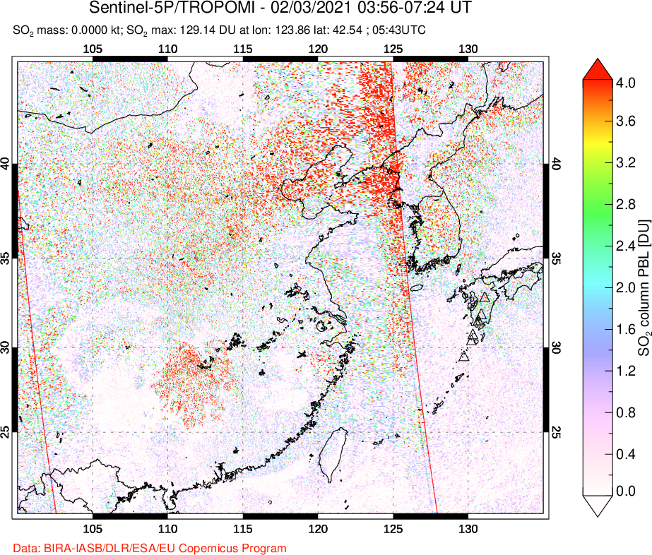 A sulfur dioxide image over Eastern China on Feb 03, 2021.