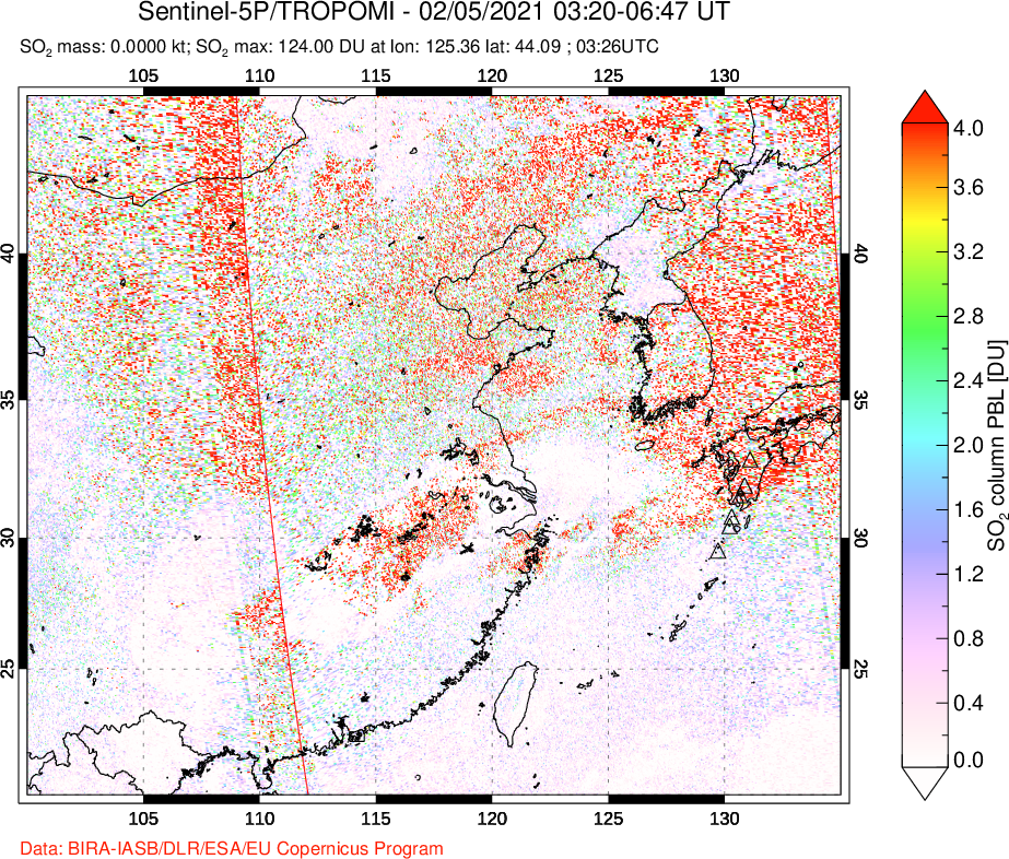 A sulfur dioxide image over Eastern China on Feb 05, 2021.