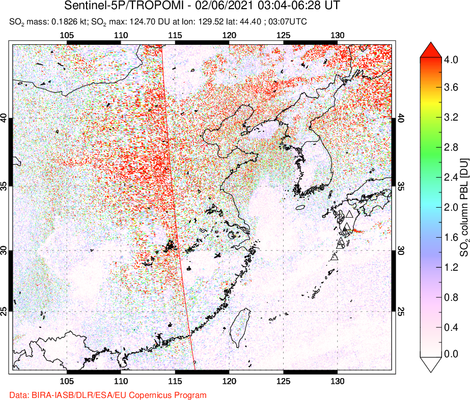 A sulfur dioxide image over Eastern China on Feb 06, 2021.