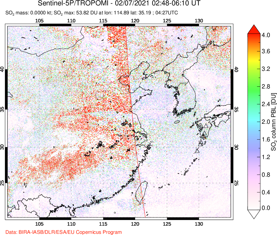 A sulfur dioxide image over Eastern China on Feb 07, 2021.