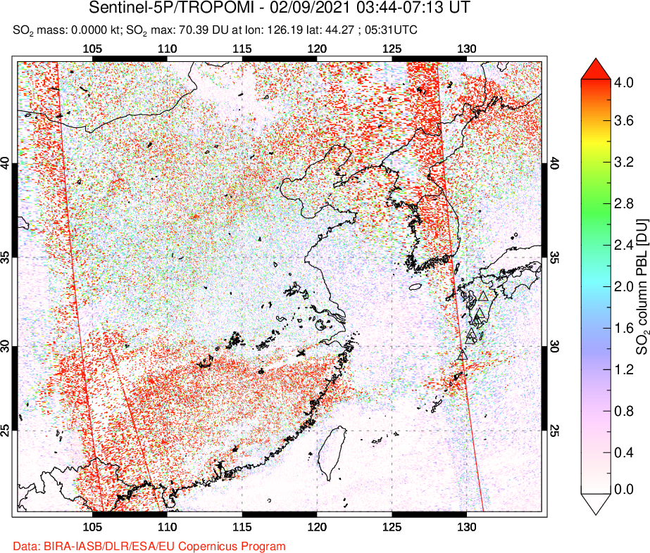 A sulfur dioxide image over Eastern China on Feb 09, 2021.